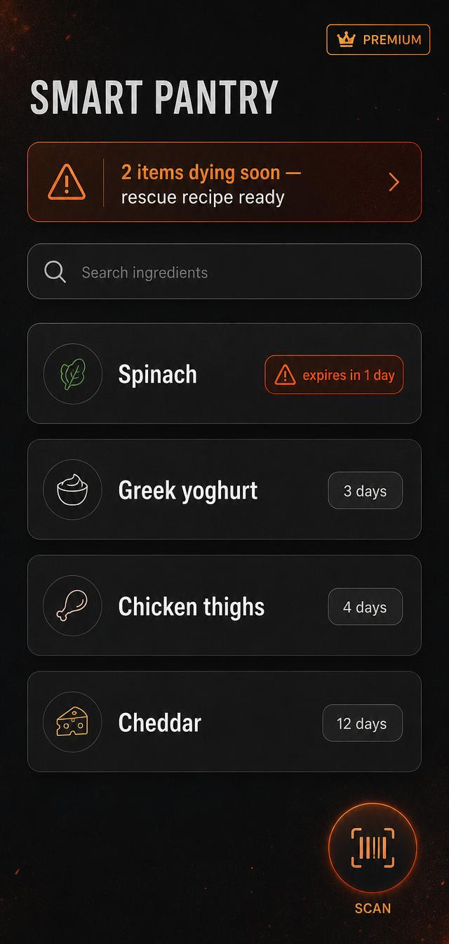 Dead Pantry Chef app screen: Nothing dies in the fridge